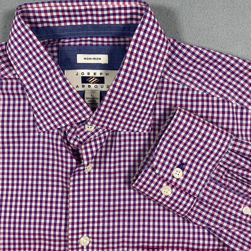 Joseph Abboud Mens Non-Iron Gingham Button Down Shirt Purple Pink White Large